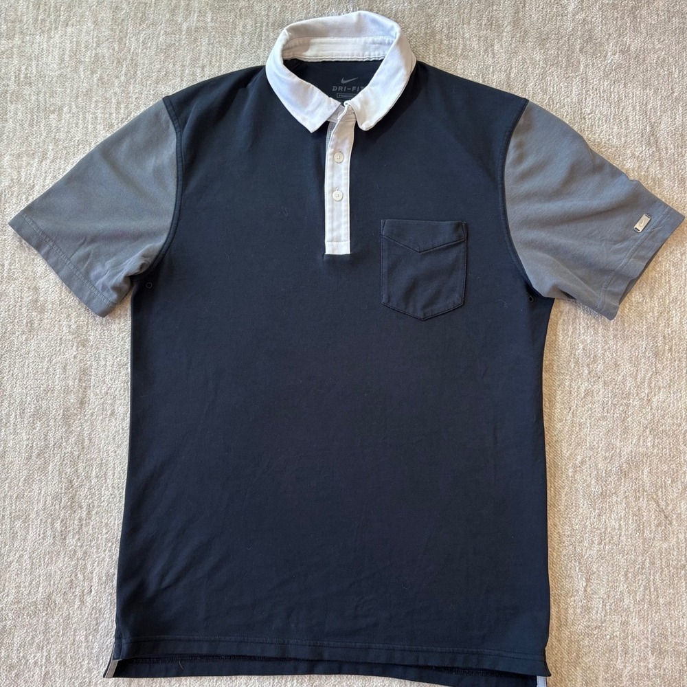 Nike Polo Shirt Mens M Black Grey Colorblock Dri-FIT Short Sleeve Golf Office